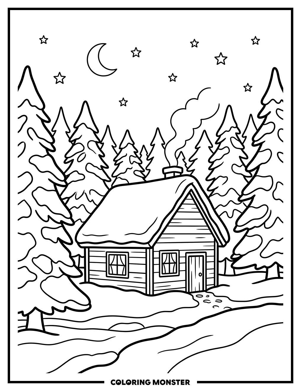 Cozy Winter Cabin in Snow Coloring Page