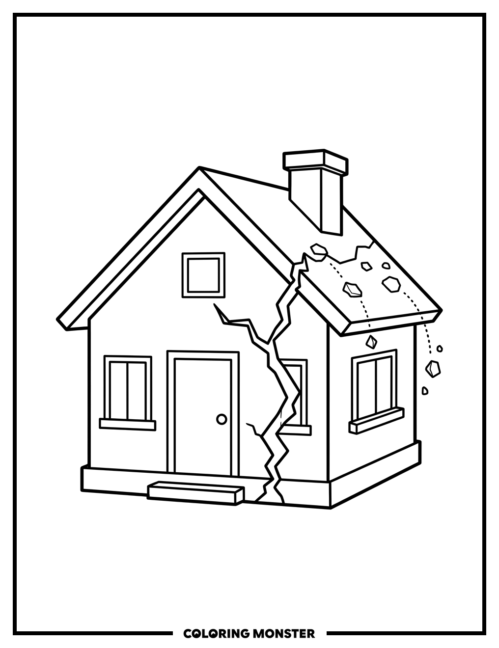Cracked House with Falling Debris Coloring Page