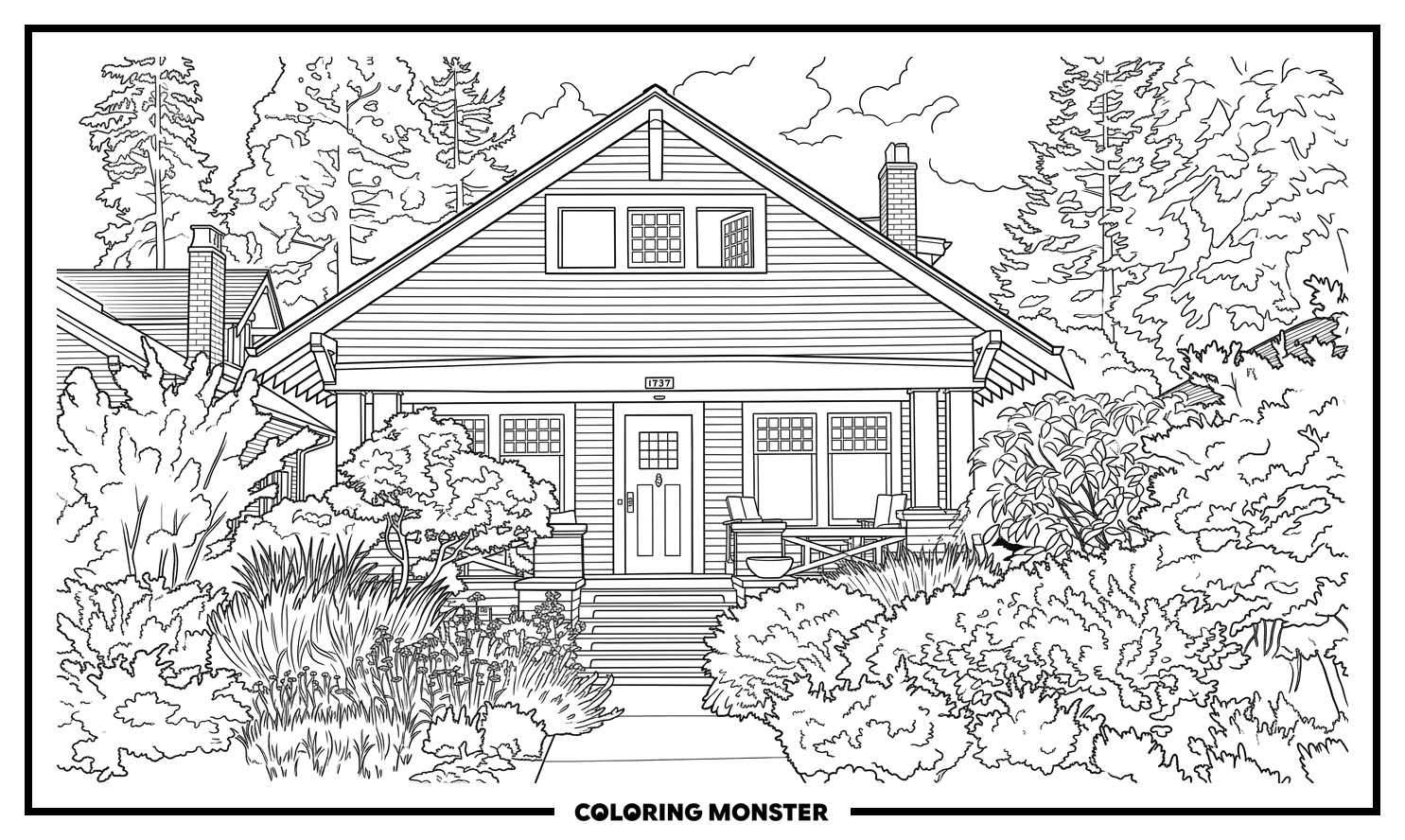 Craftsman Home with Lush Garden Coloring Page