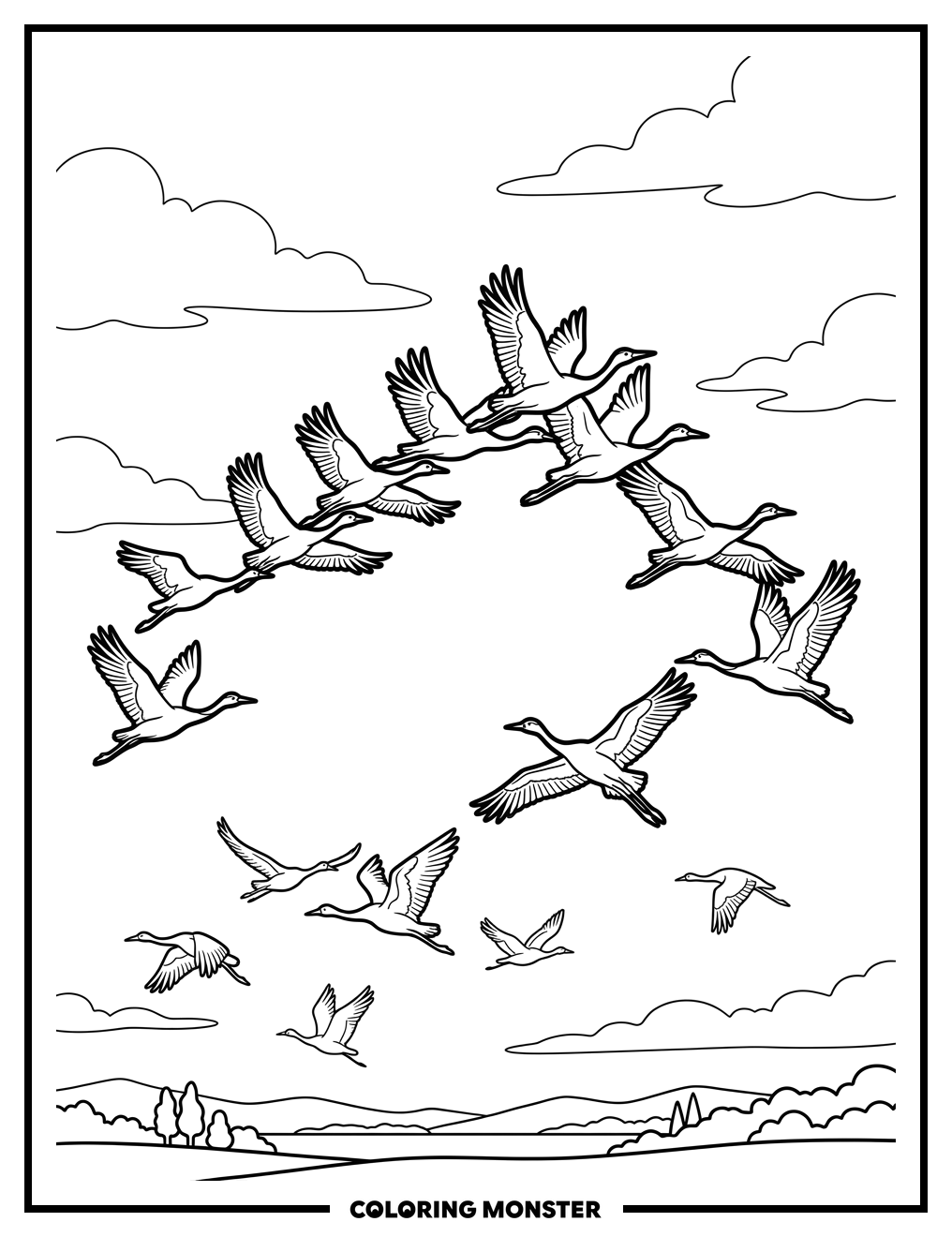 Cranes Flying in Open Sky Coloring Page