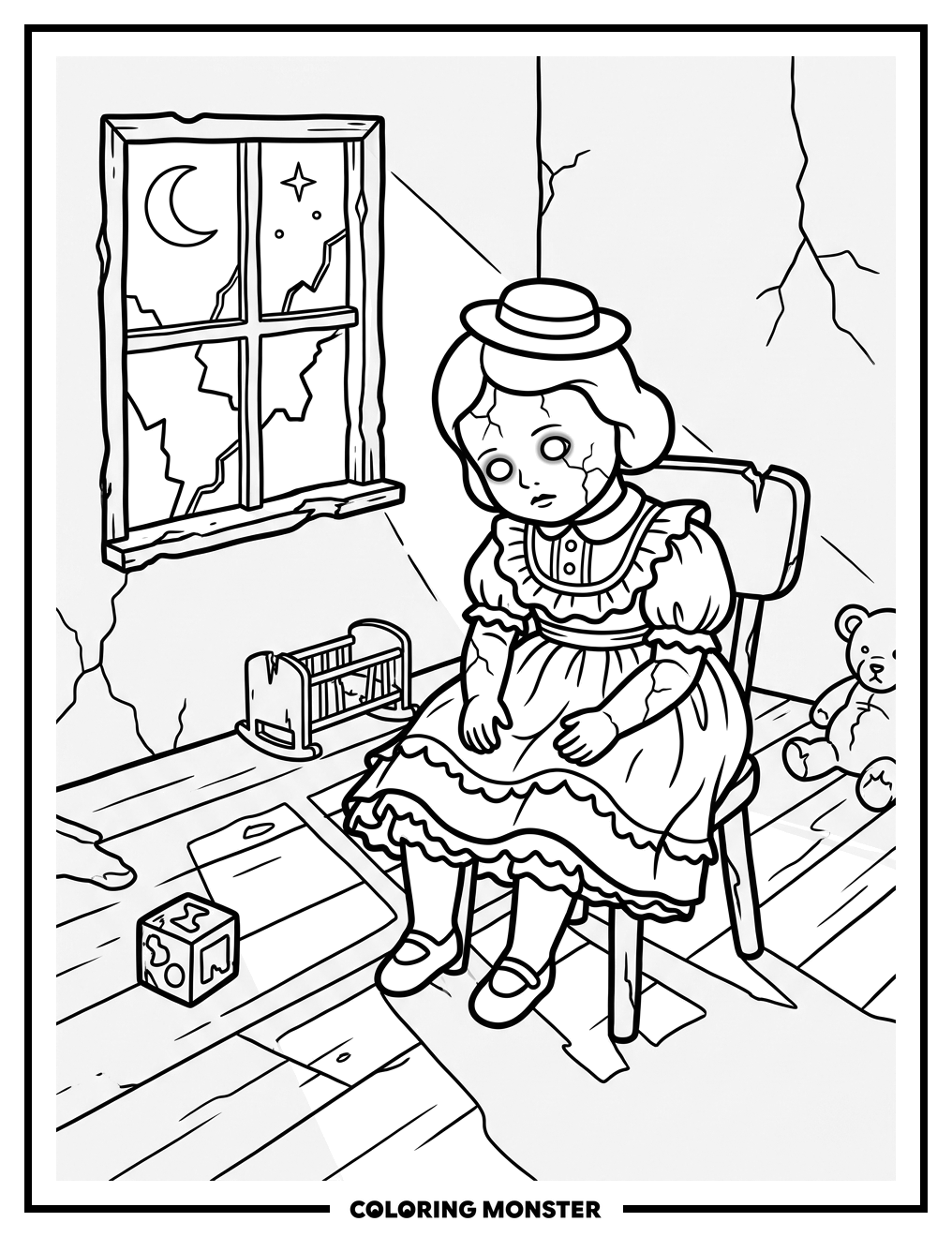 Creepy Doll in Abandoned Nursery Coloring Page