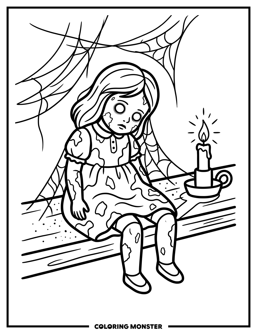 Creepy Porcelain Doll on Shelf Coloring Page