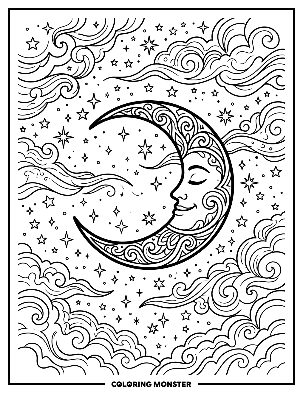 Crescent Moon in Starry Sky Coloring Page