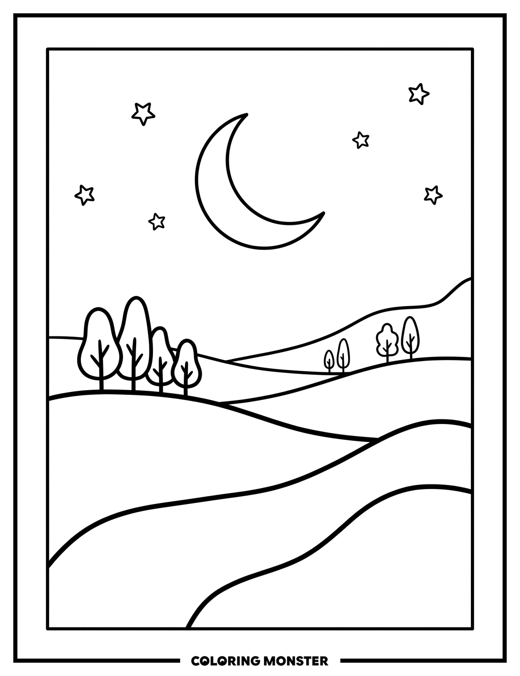 Crescent Moon Over Rolling Hills Coloring Page