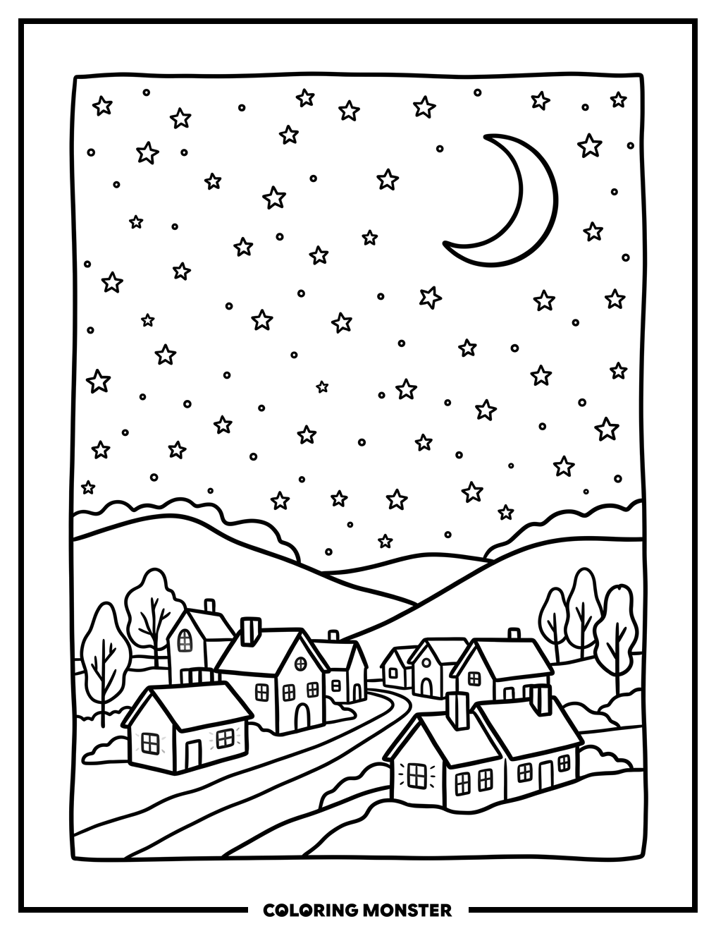 Crescent Moon Over Village Coloring Page