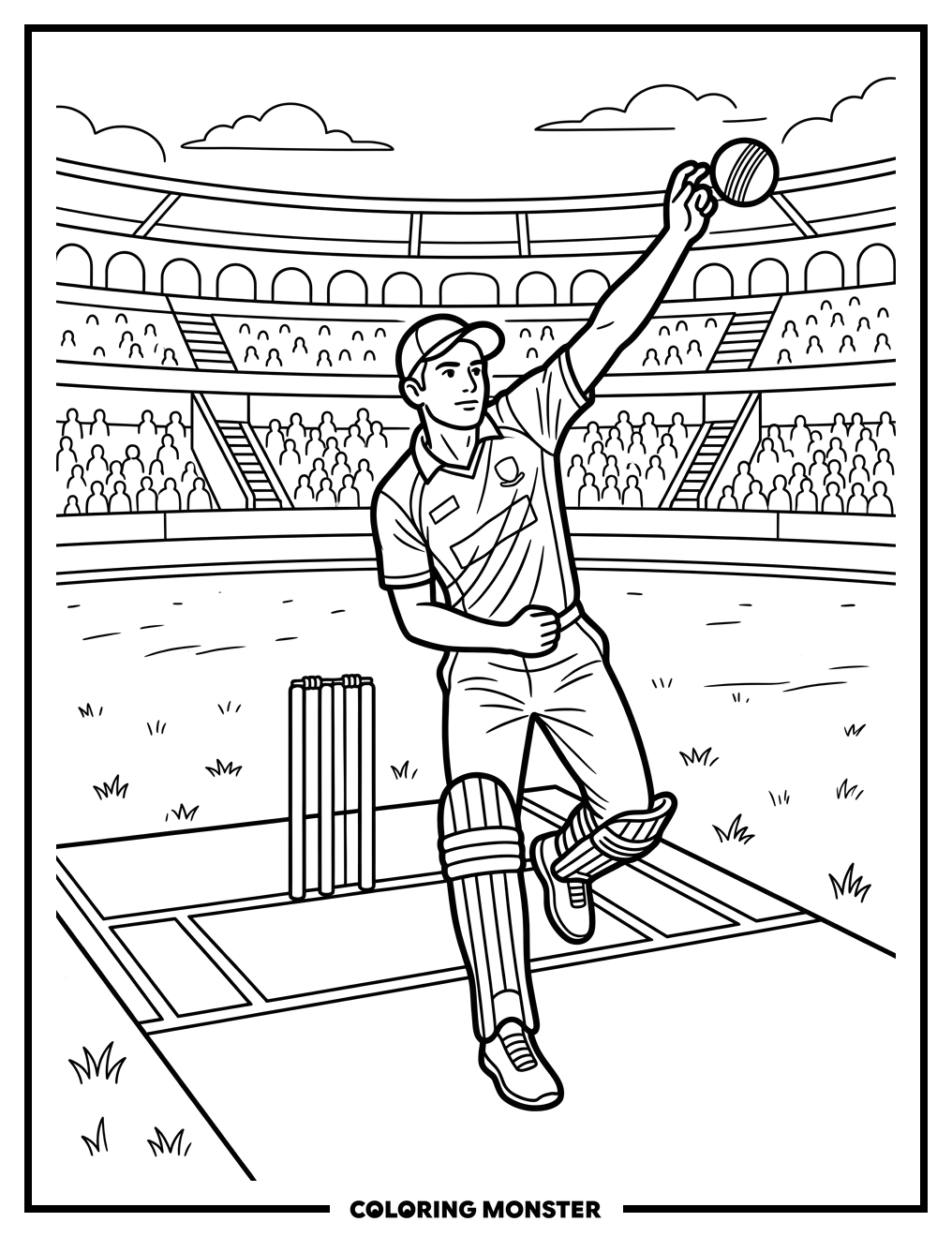 Cricket Bowler in Action Coloring Page