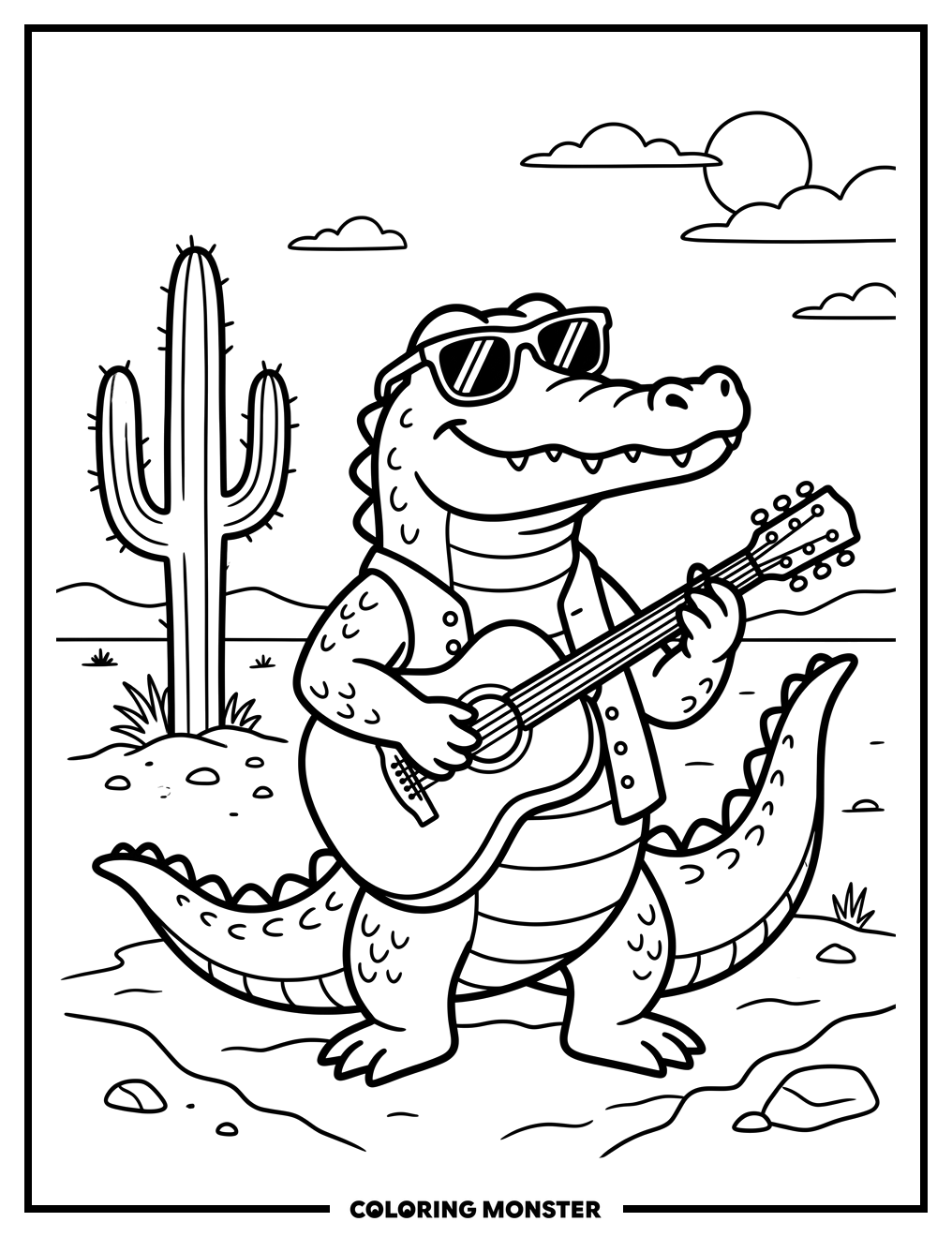Crocodile Playing Guitar in Desert Coloring Page
