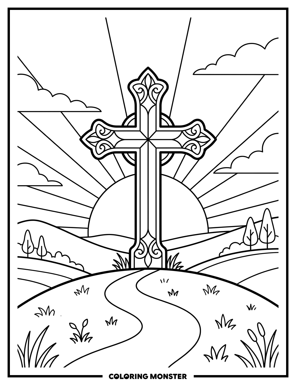 Cross on Hill at Sunrise Coloring Page