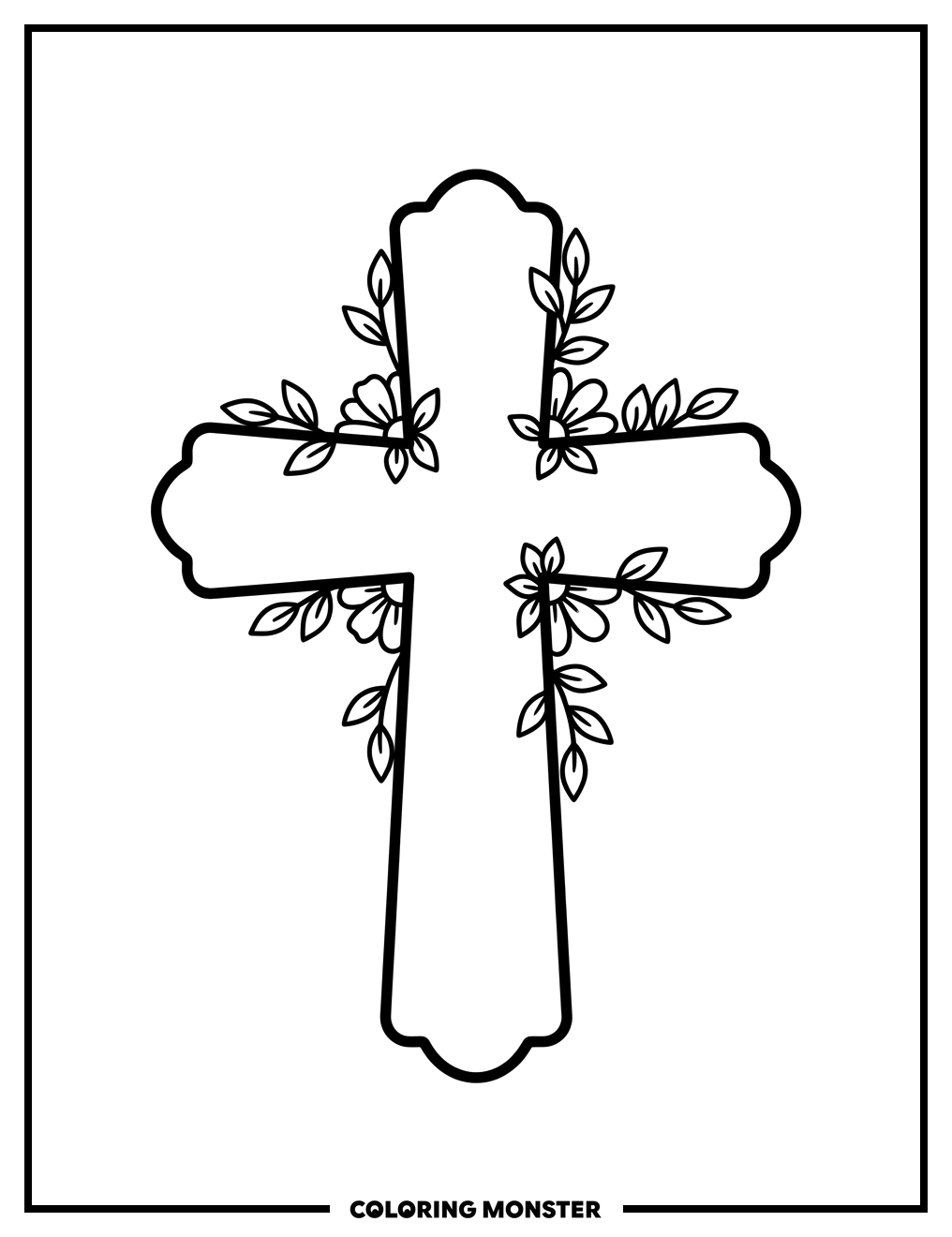Cross With Leaves And Blossoms Coloring Page