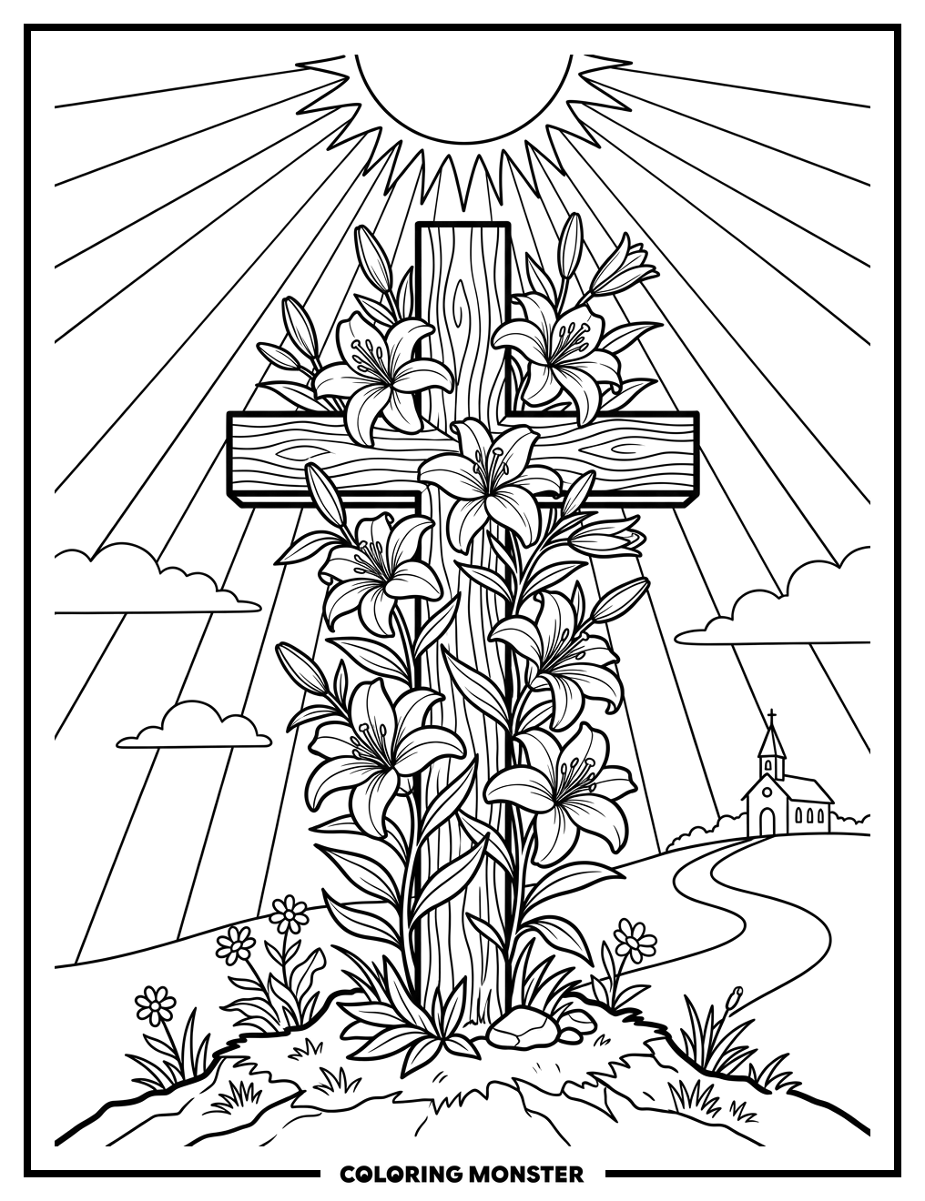Cross with Lilies and Sunlight Coloring Page