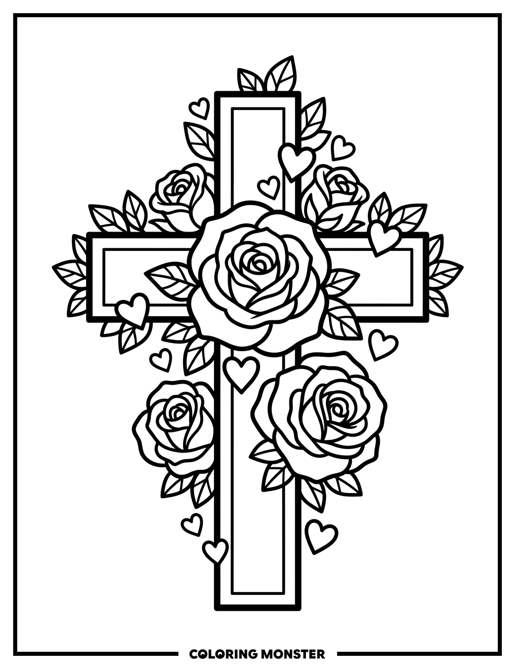 Cross with Roses and Hearts Coloring Page