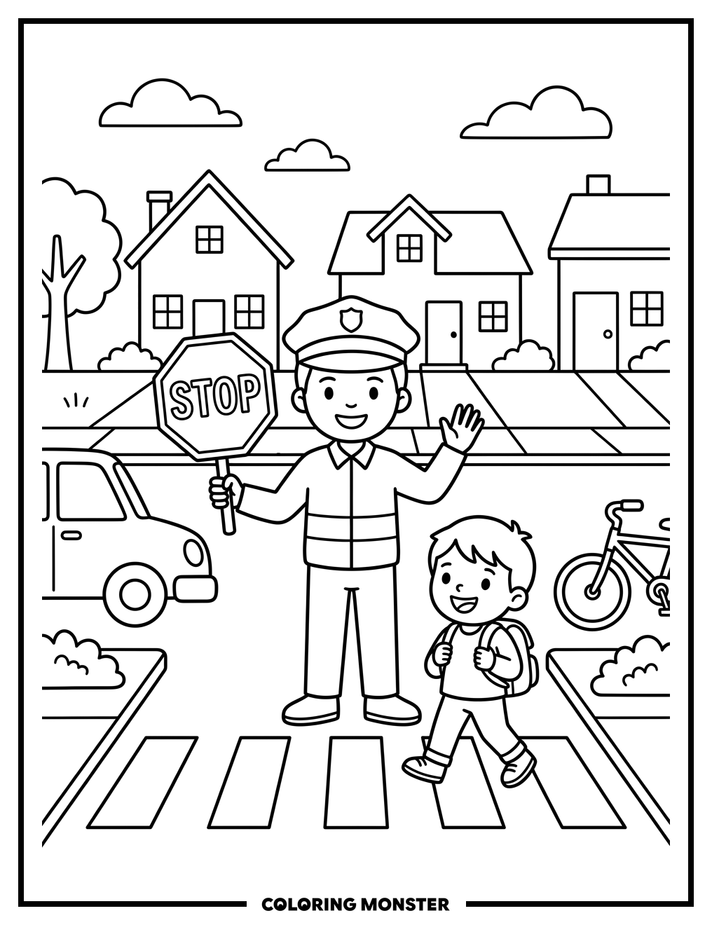 Crossing Guard Helps Child Cross Street Coloring Page