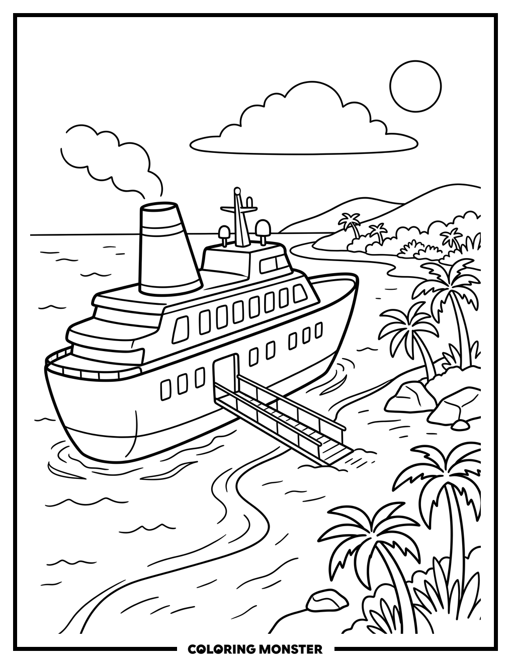 Cruise Ship Docked at Tropical Island Coloring Page