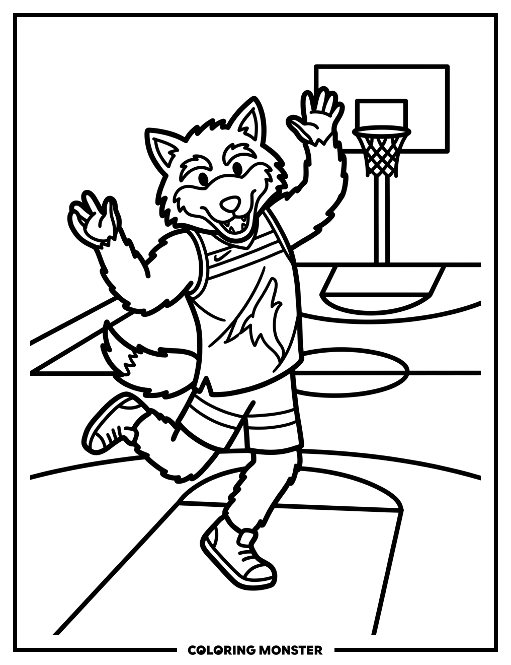 Crunch the Wolf Dancing on Court Coloring Page
