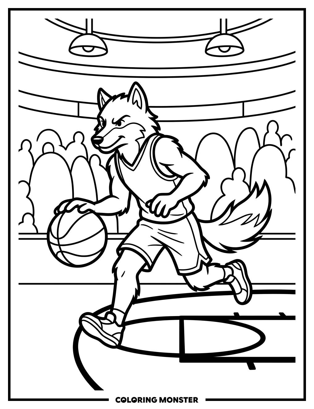 Crunch the Wolf Dribbling a Basketball Coloring Page