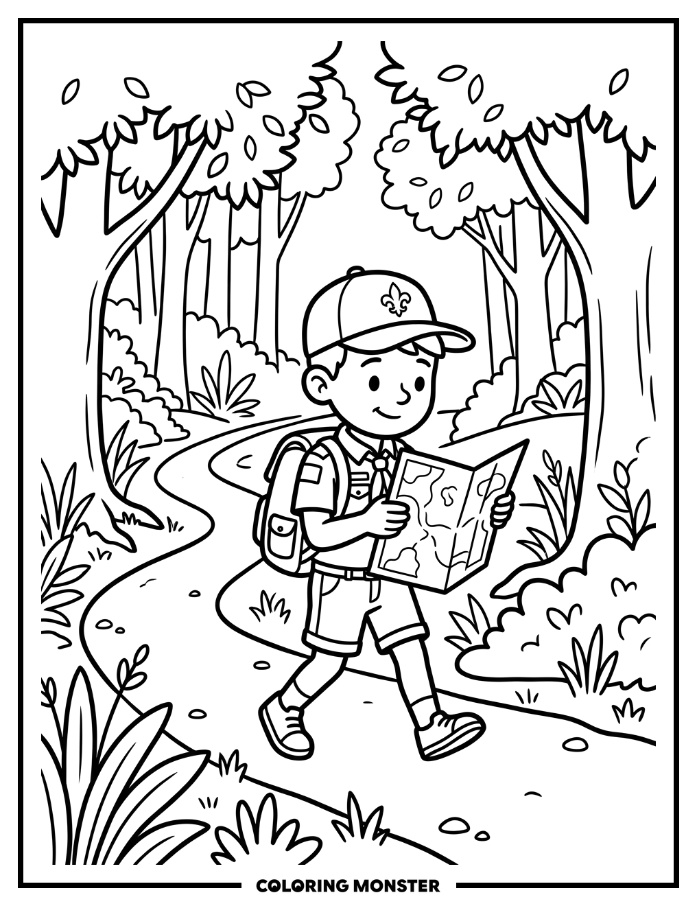 Cub Scout Exploring a Forest Trail Coloring Page