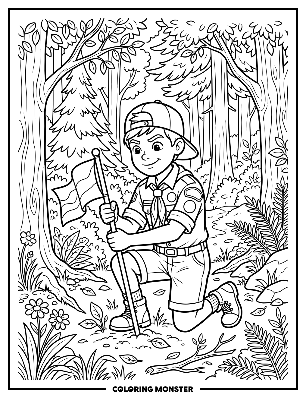 Cub Scout Plants Flag In Forest Coloring Page