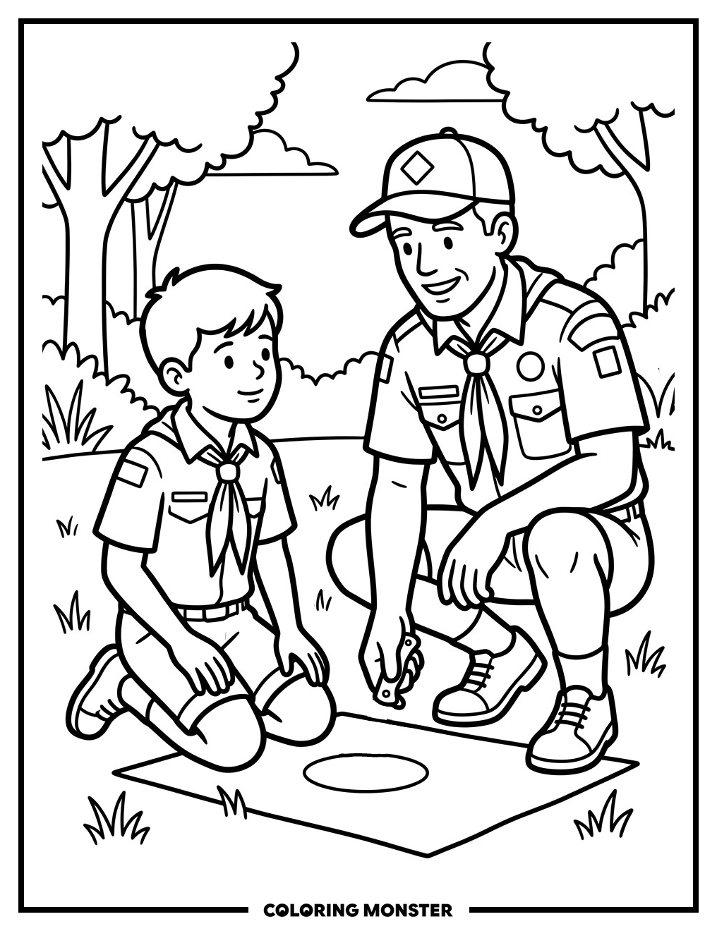 Cub Scout Practicing Knife Safety Coloring Page