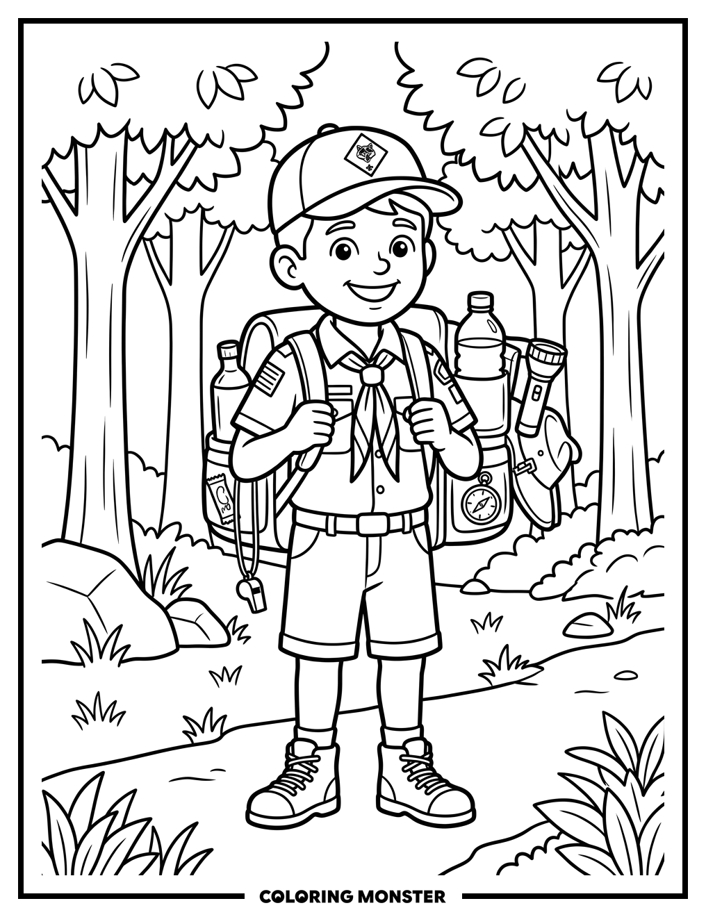 Cub Scout With Essential Backpack Items Coloring Page
