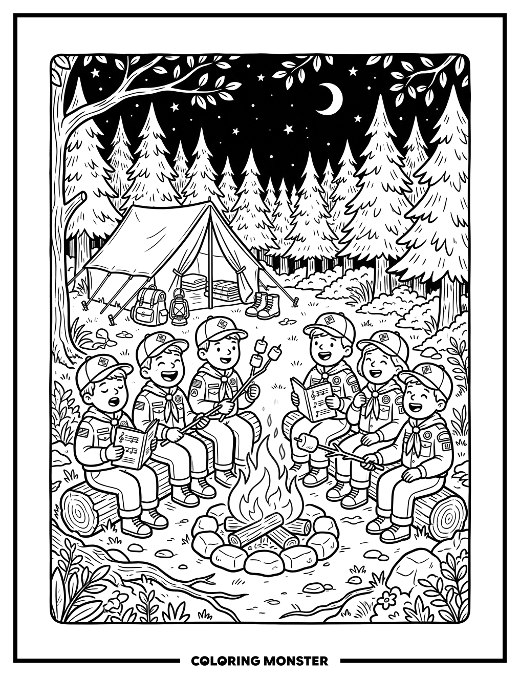 Cub Scouts Around A Campfire Coloring Page