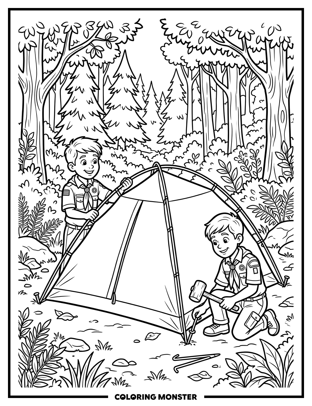 Cub Scouts Pitching a Tent Coloring Page