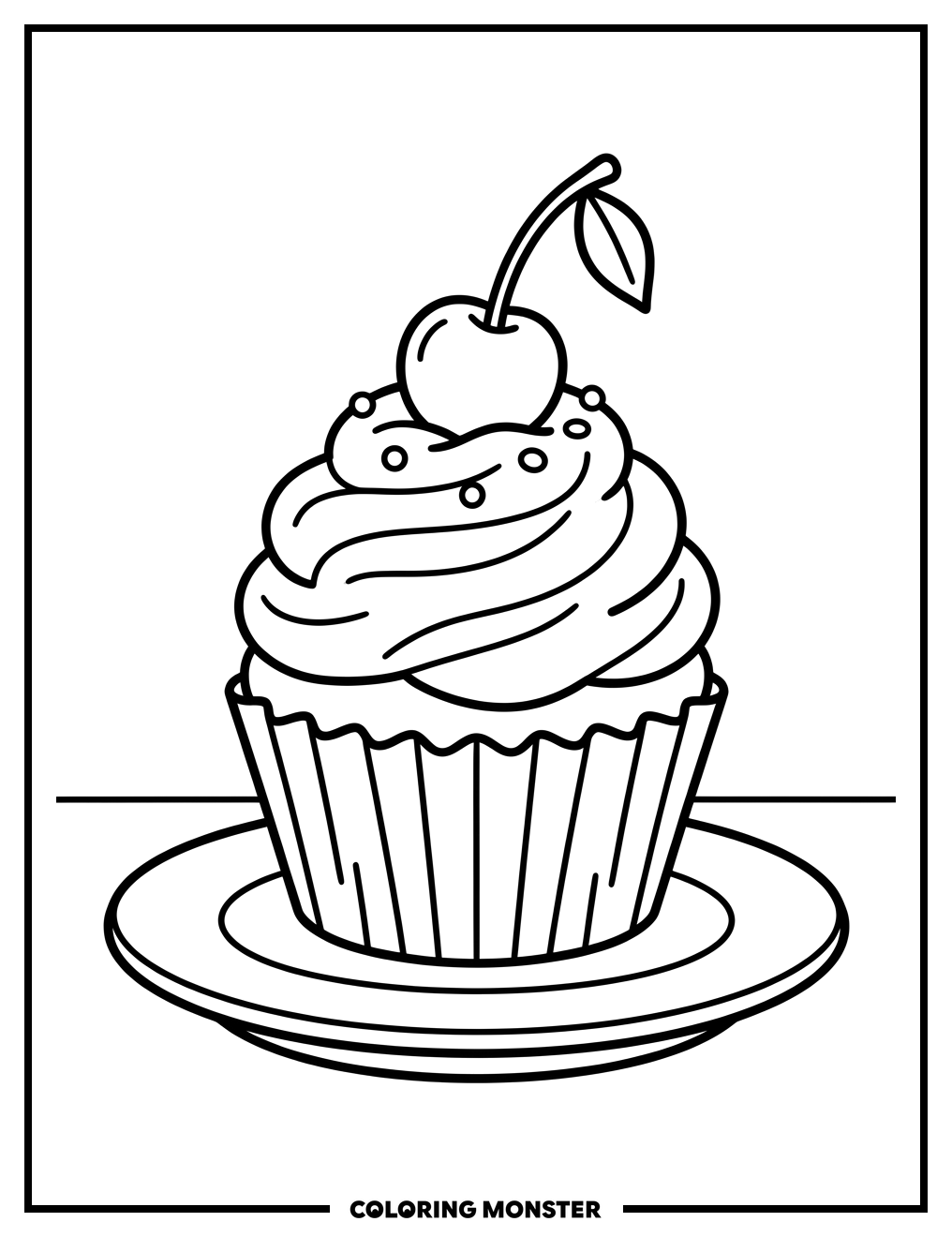 Cupcake with Frosting and Cherry Coloring Page