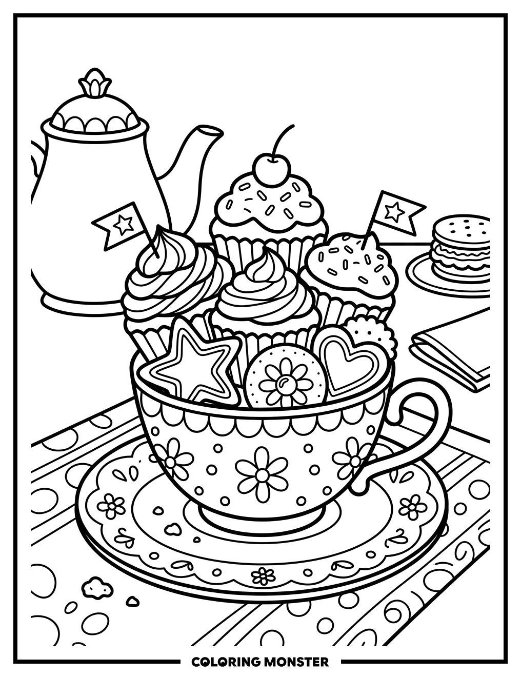 Cupcakes and Cookies at Tea Time Coloring Page