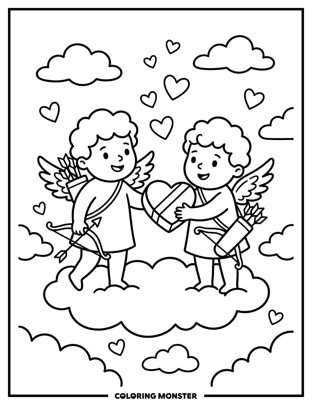 Cupid Angels Exchanging Hearts Coloring Page
