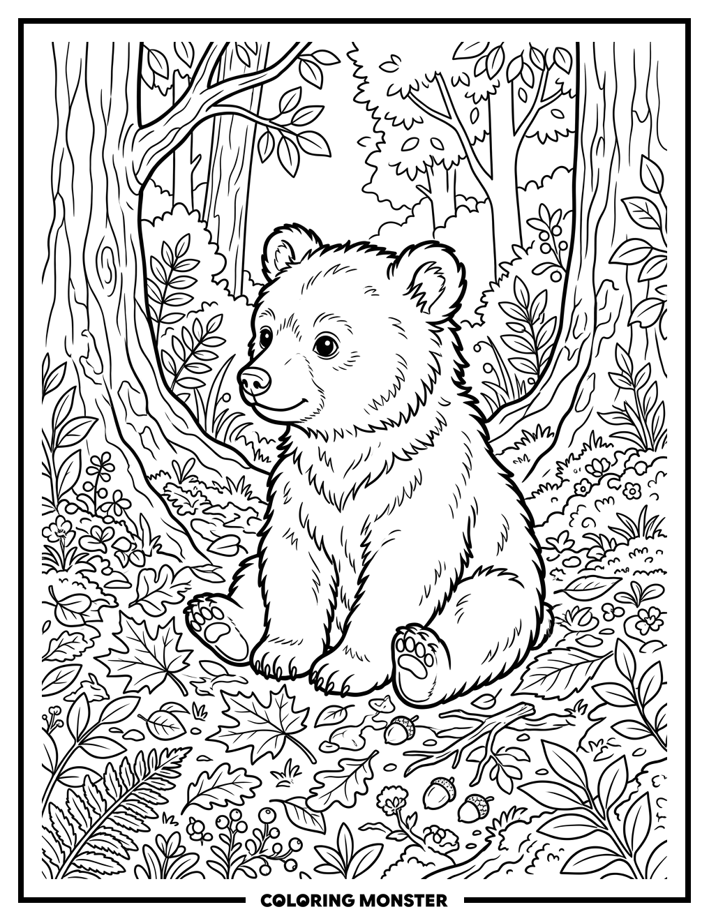 Curious Bear Cub in Autumn Forest Coloring Page