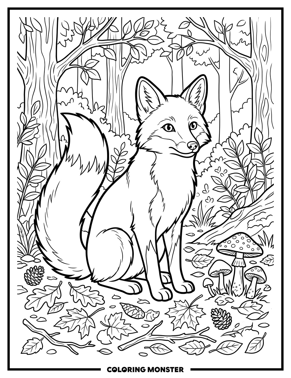 Curious Fox in a Sunlit Forest Coloring Page