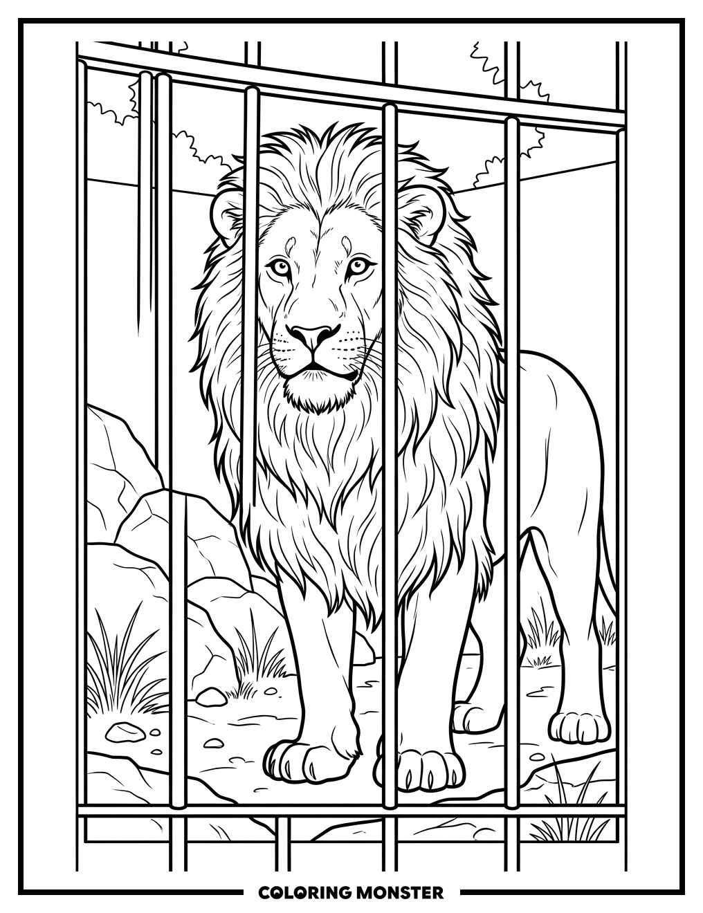 Curious Lion in Zoo Enclosure Coloring Page