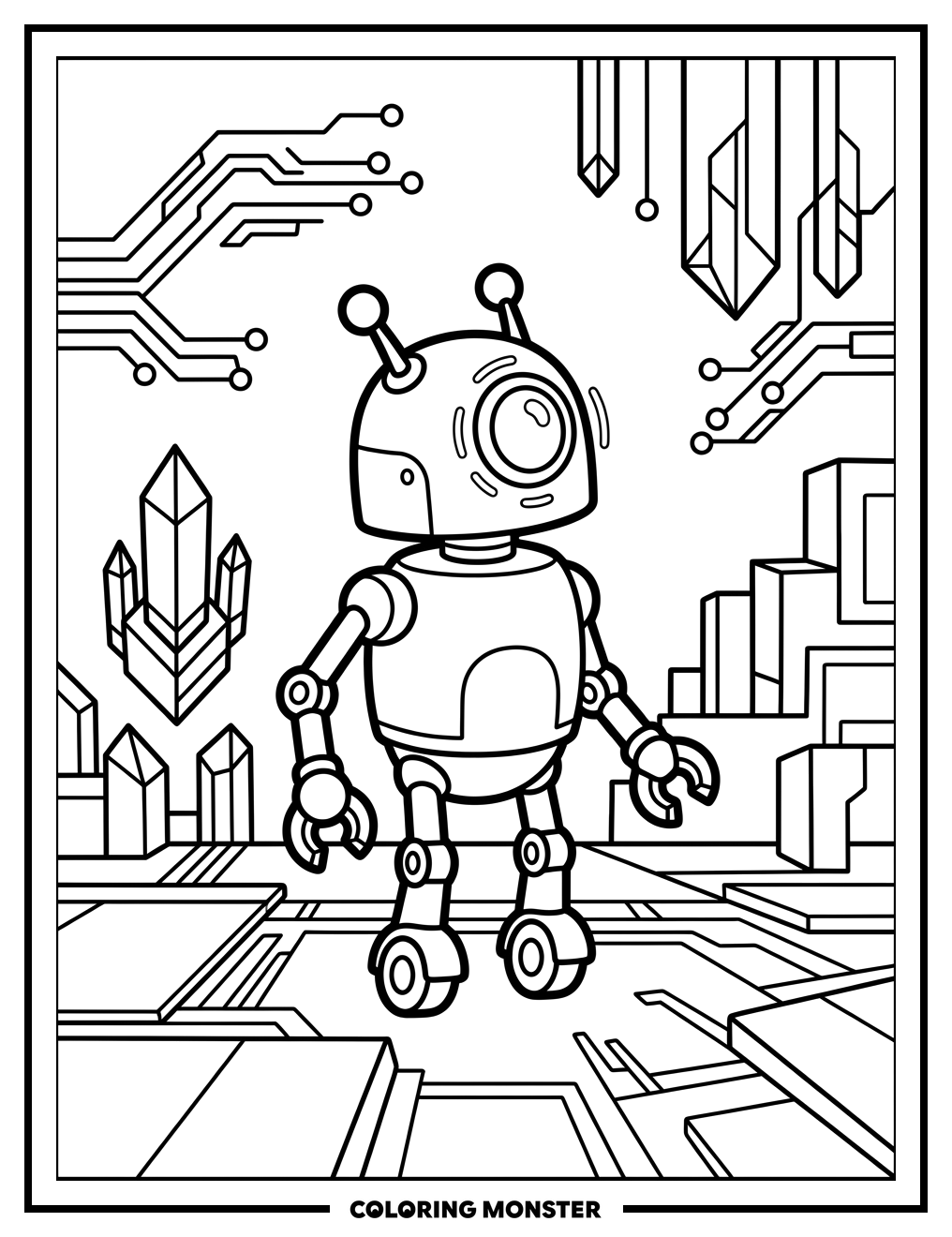 Curious Robot in Digital World Coloring Page