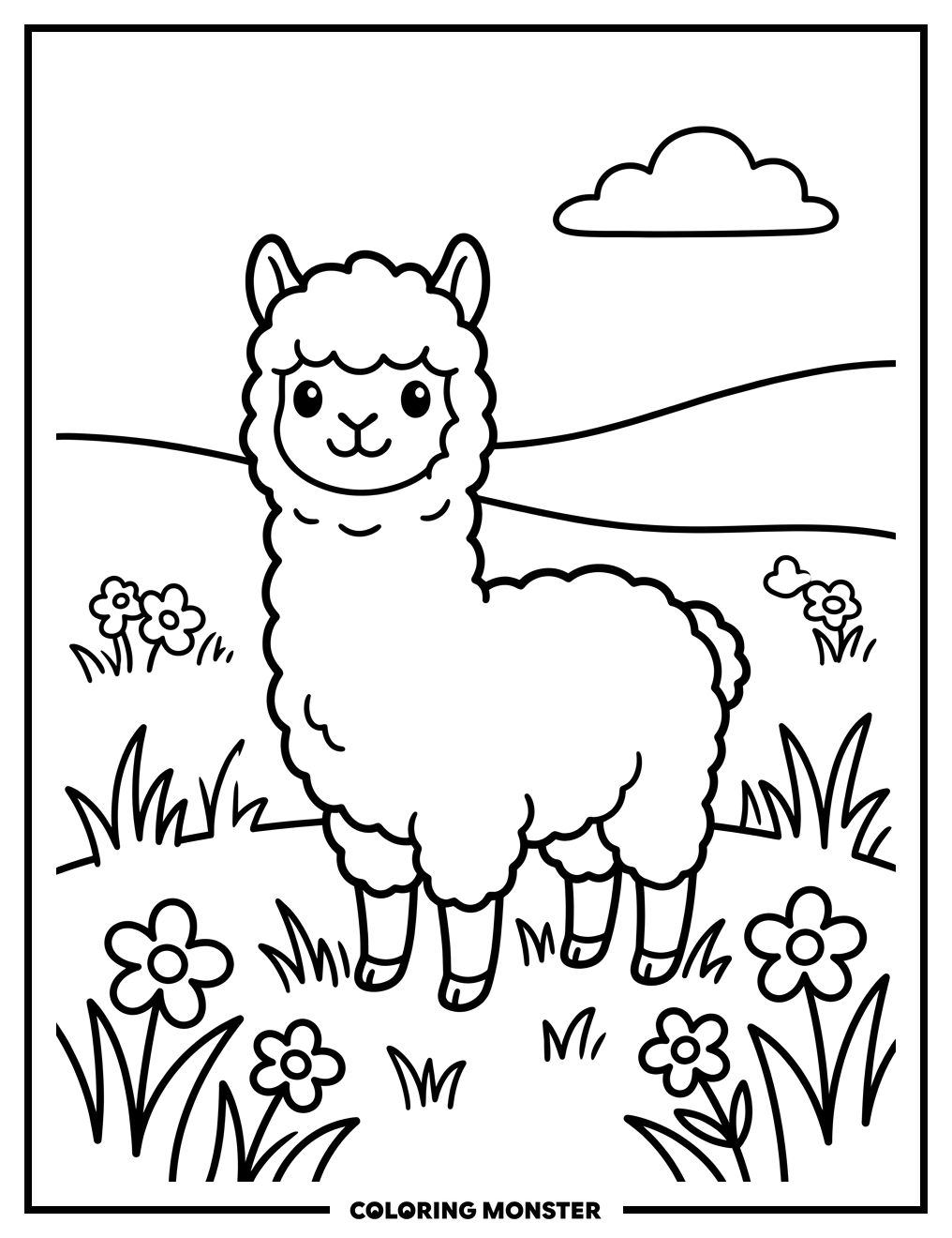 Cute Alpaca in Grassy Field Coloring Page