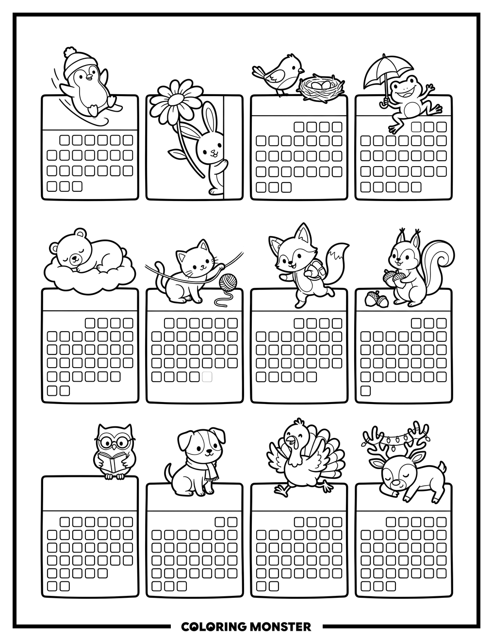 Cute Animals Calendar Pages Coloring Page