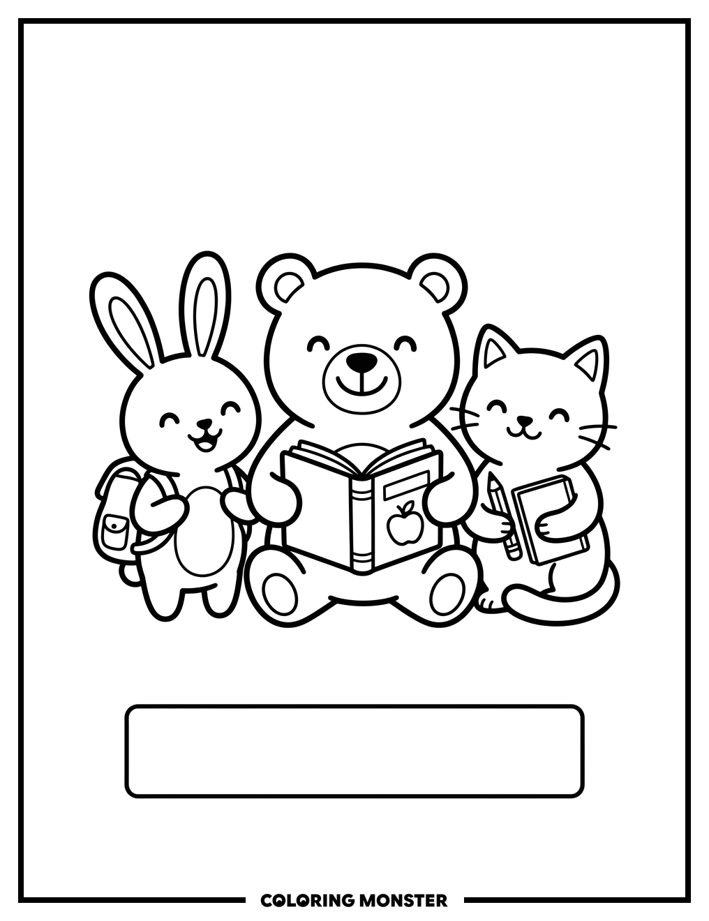 Cute Animals With School Supplies Coloring Page