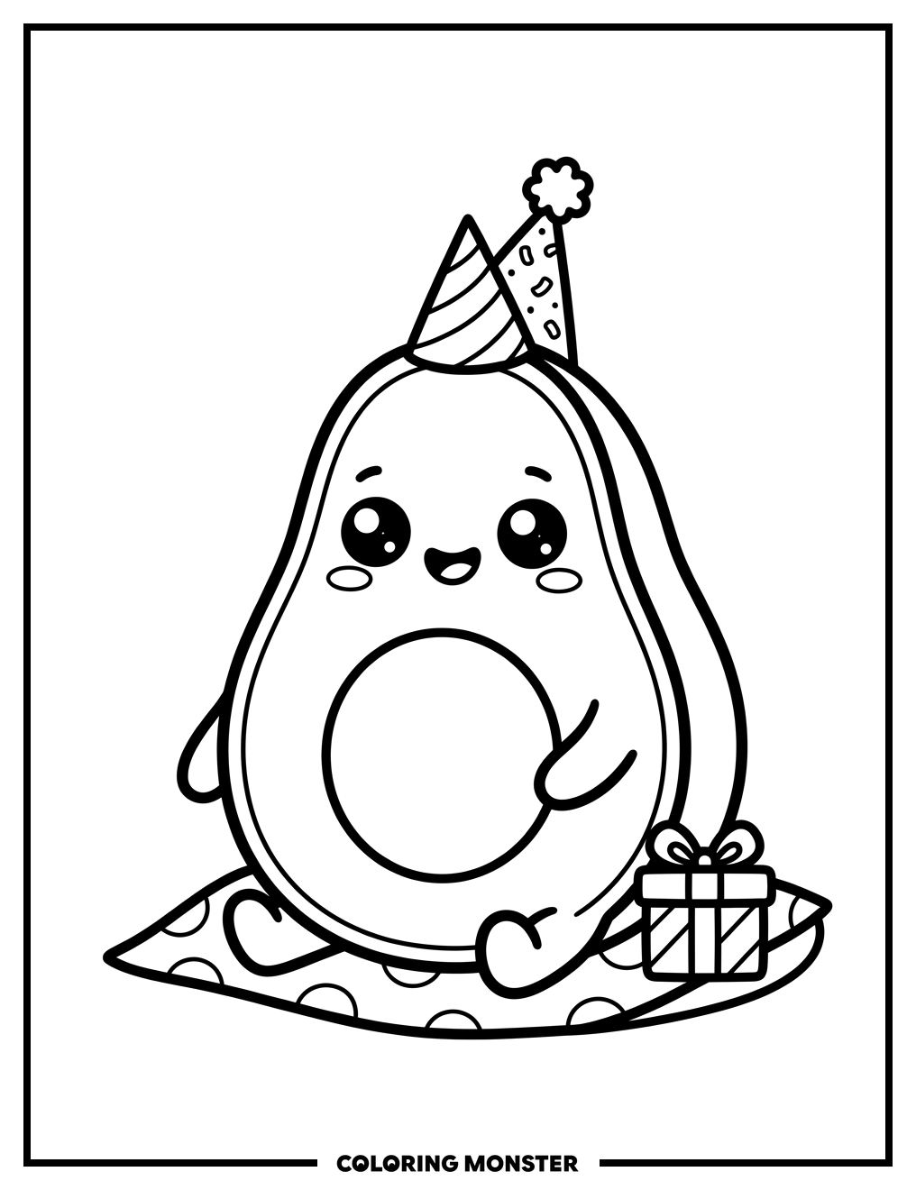 Cute Avocado Character Wearing Party Hat Coloring Page