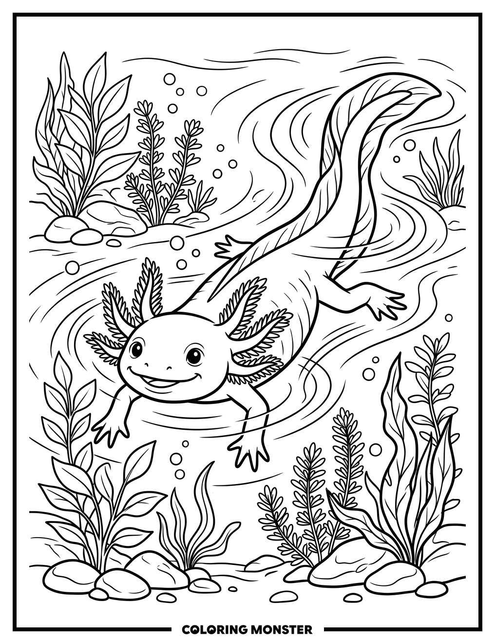 Cute Axolotl Gliding Through Water Coloring Page