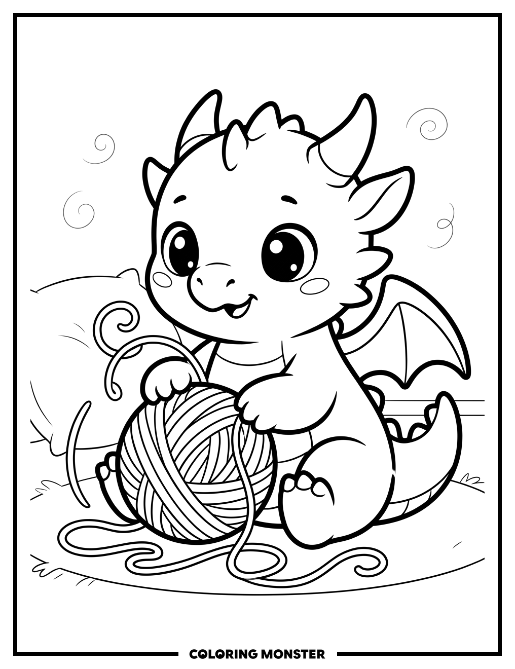 Cute Baby Dragon Playing With Yarn Coloring Page