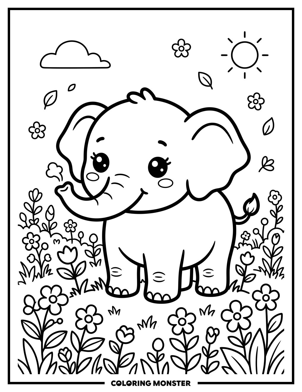 Cute Baby Elephant Among Flowers Coloring Page
