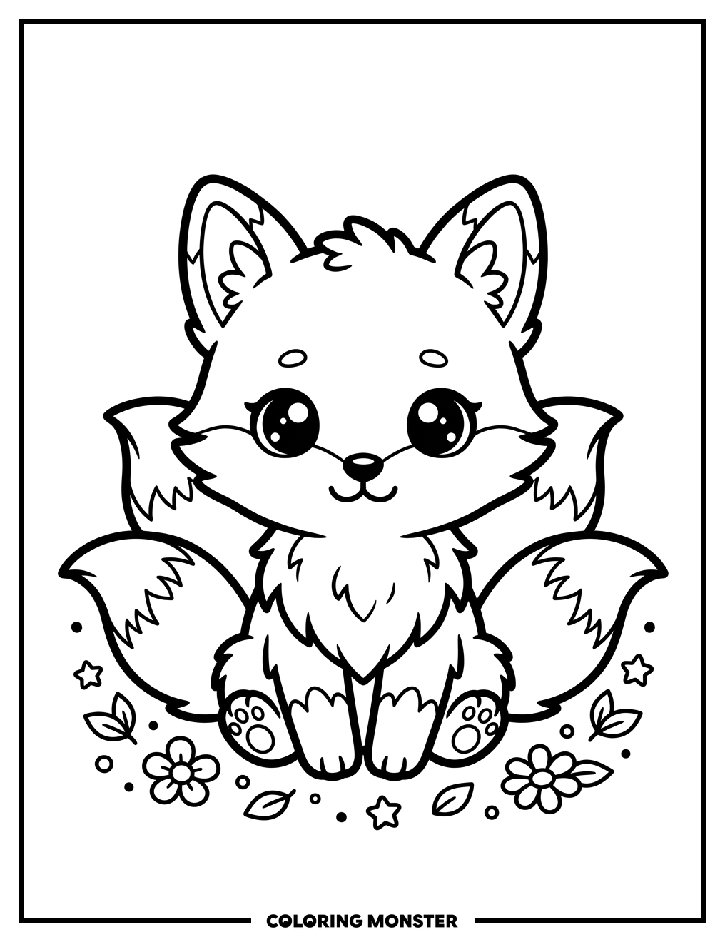 Cute Baby Fox With Fluffy Tails Coloring Page