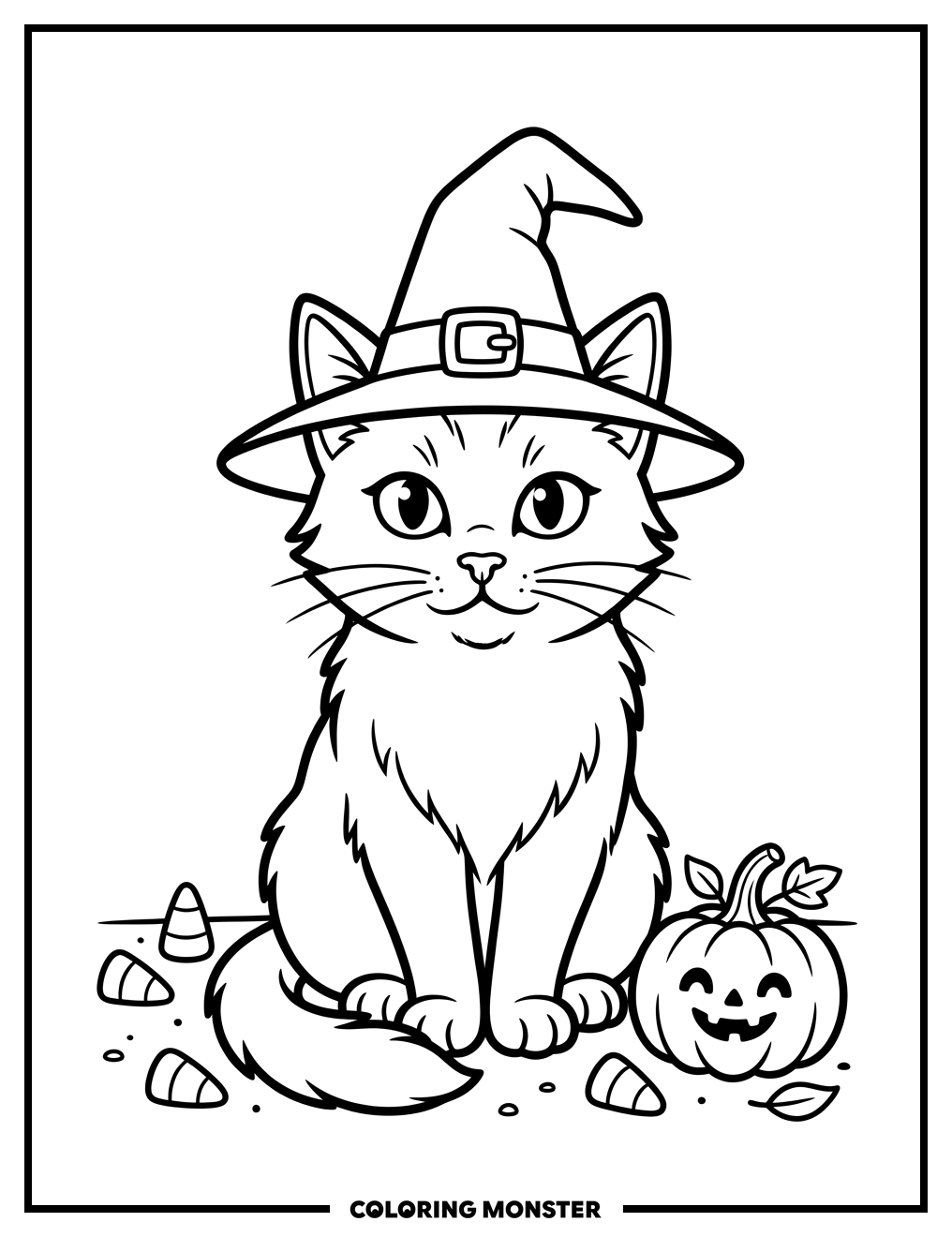 Cute Black Cat With Witch Hat Coloring Page
