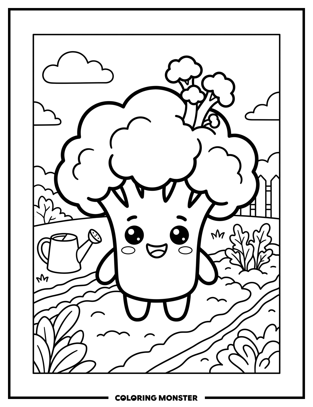 Cute Broccoli Character in Garden Coloring Page