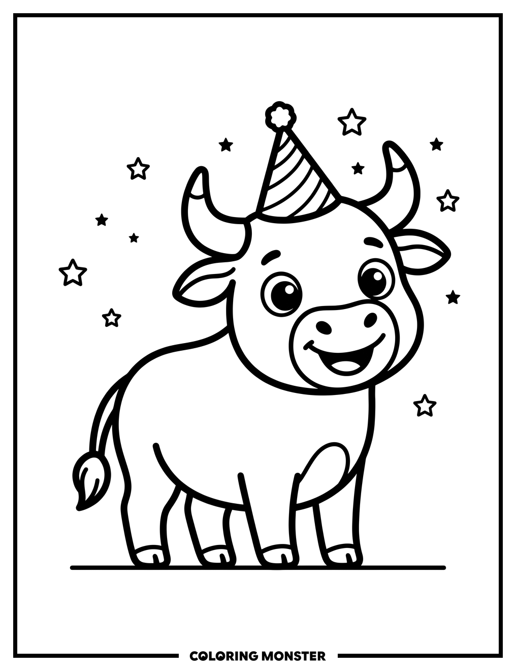 Cute Bull Wearing a Party Hat Coloring Page