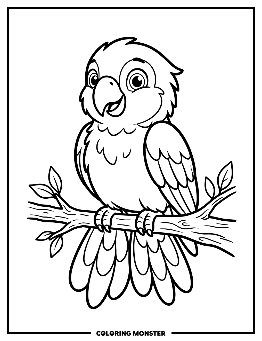 Cute Cartoon Parrot on Branch Coloring Page
