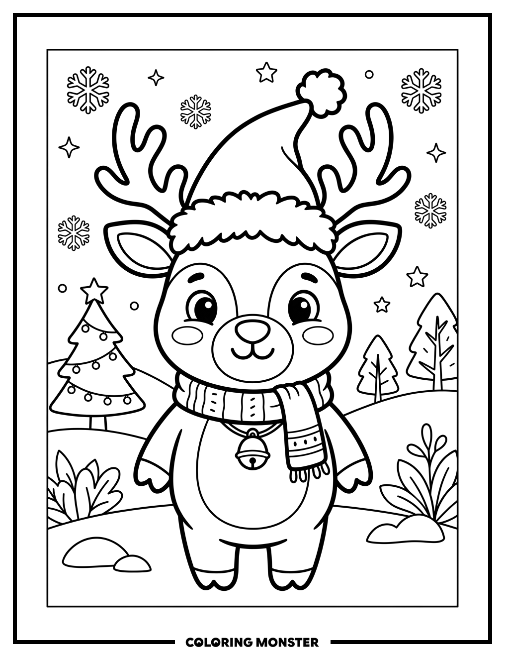 Cute Cartoon Reindeer Wearing Santa Hat Coloring Page
