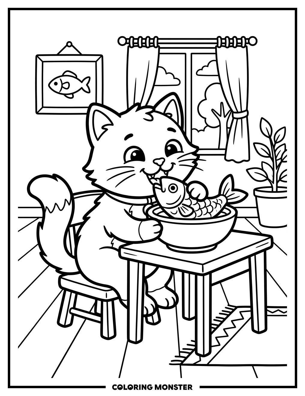 Cute Cat Eating Fish Coloring Page