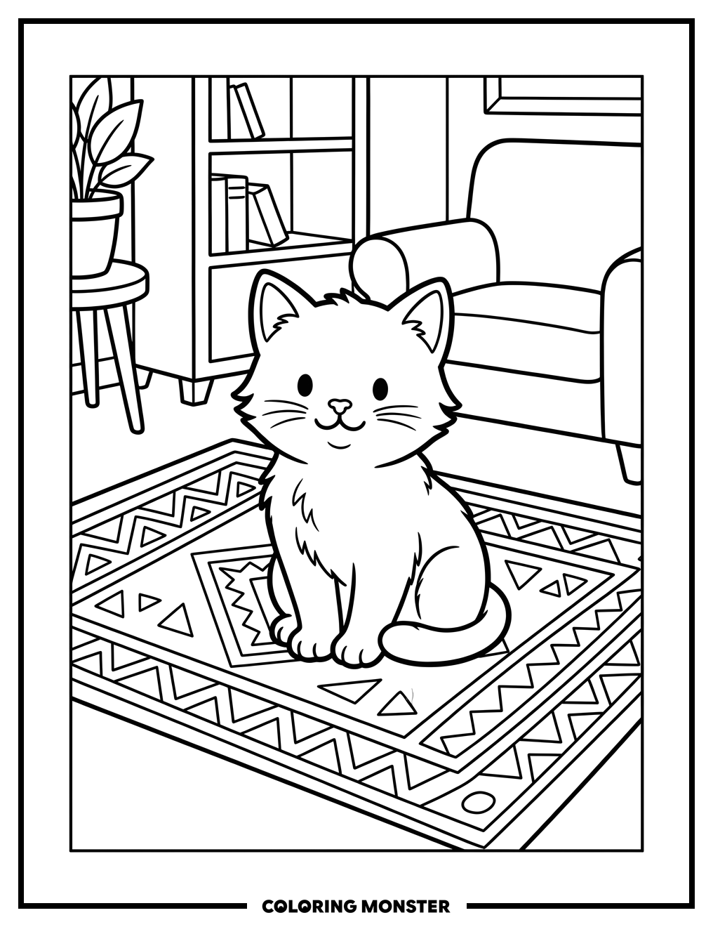Cute Cat on a Rug Coloring Page