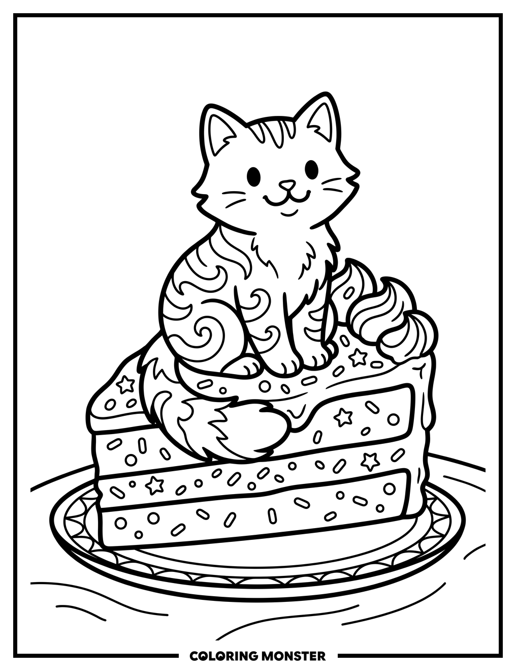 Cute Cat on Giant Cake Coloring Page