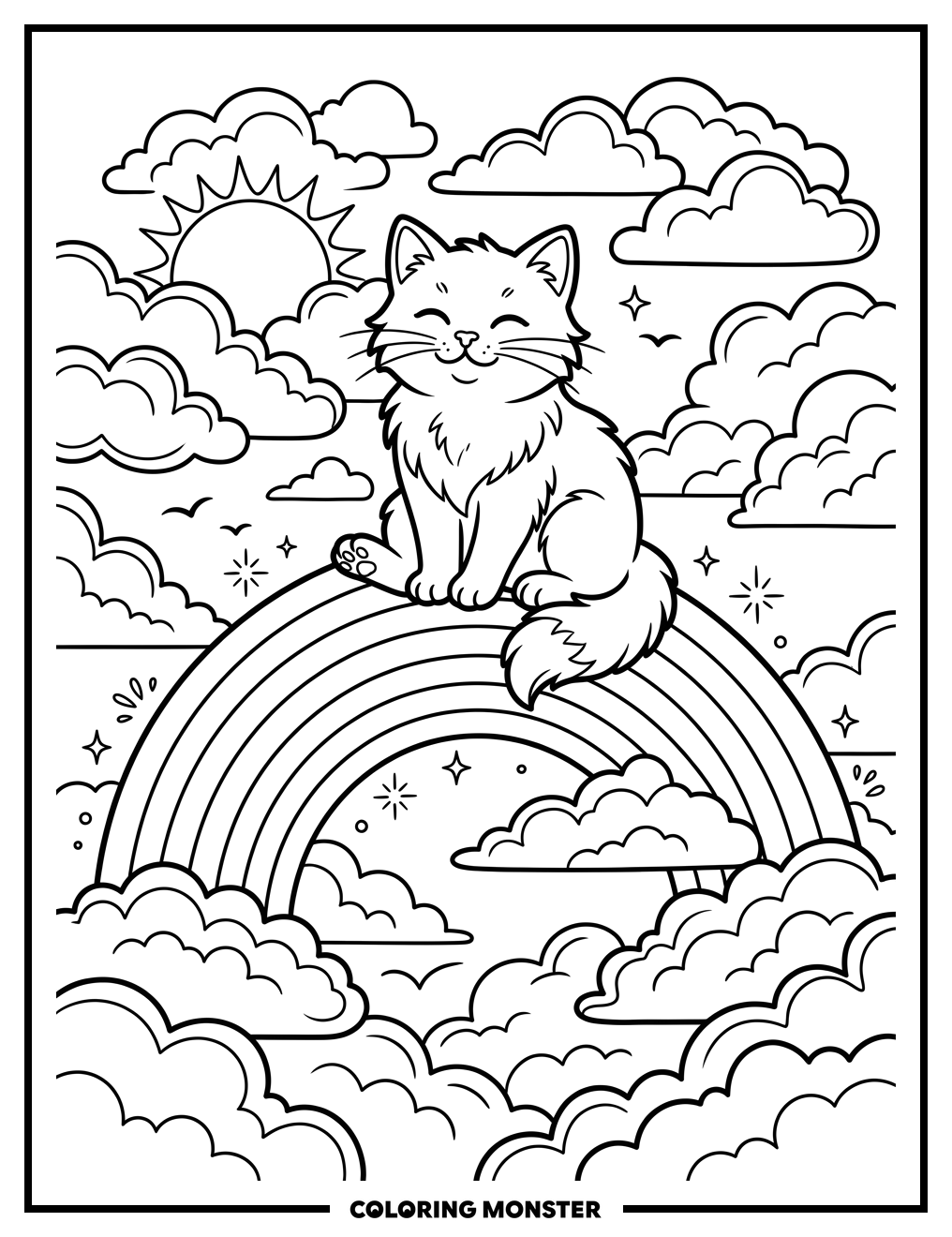 Cute Cat on Rainbow Coloring Page