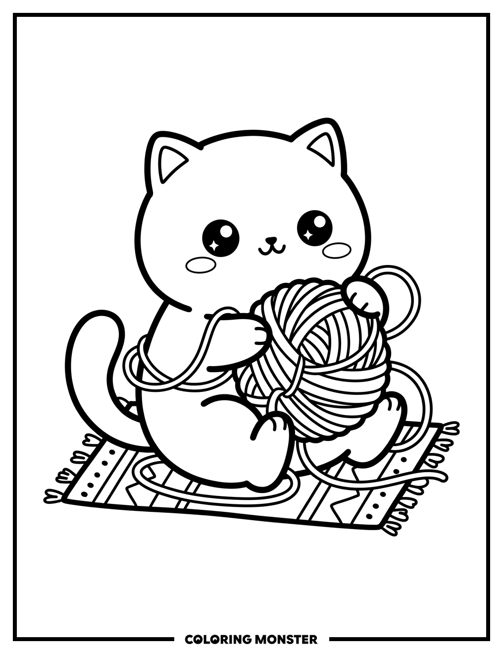 Cute Cat Playing With Yarn Coloring Page